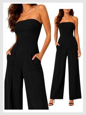 Lulus Strapless Wide Leg Front Slit Jumpsuit Black Size M